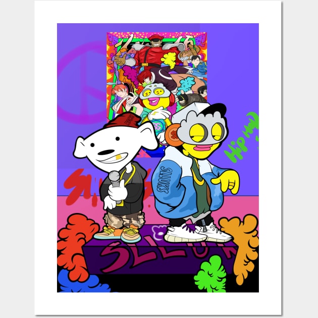 Dope Slluks character with cool dog chilling illustration Wall Art by slluks_shop